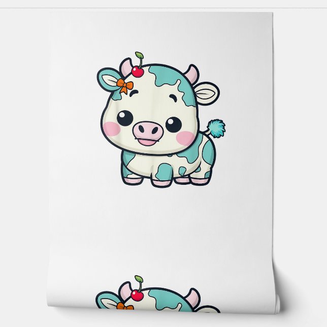 Papier Peint Vache Kawaii adorable avec Cerise et Bow Design _2 (Déroulement)