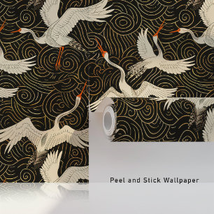 Papier Peint Vagues dorées et grues gracieuses