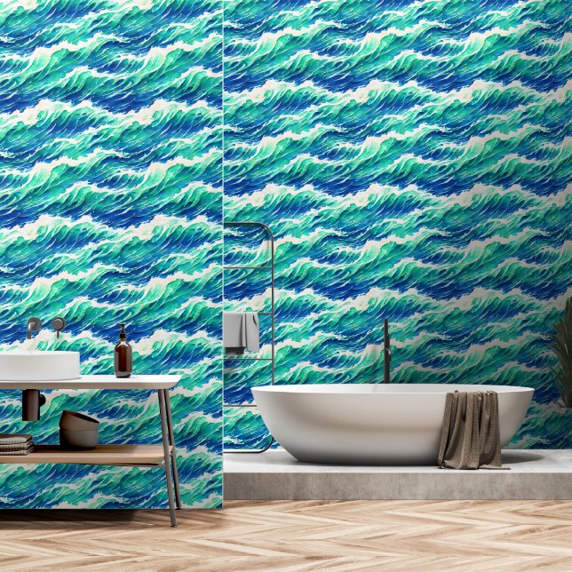 Papier Peint Vagues sans soudure motif bord de mer chic (Salle de bain)