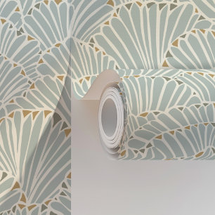 Papier Peint Ventilateur Art Déco Ocean Shell en bleu doux et o
