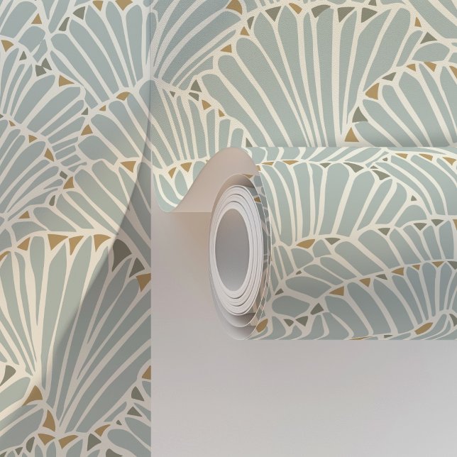 Papier Peint Ventilateur Art Déco Ocean Shell en bleu doux et o (Créateur téléchargé)