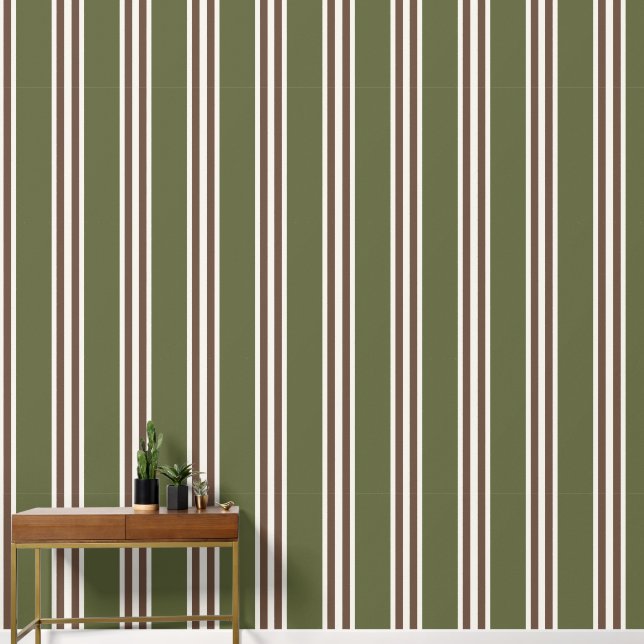 Papier Peint Vert Armée & Marron Chocolat Double Rayure de Rugb (Couloir)