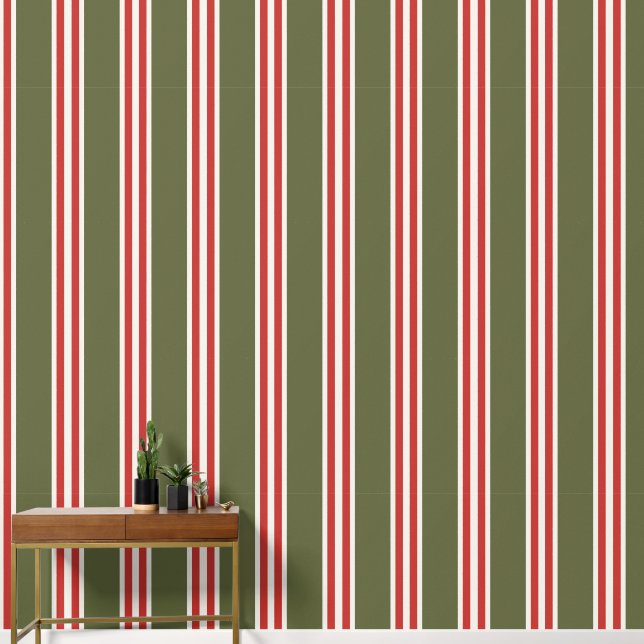 Papier Peint Vert Armée & Rouge Grange Double Rayure de Rugby (Couloir)
