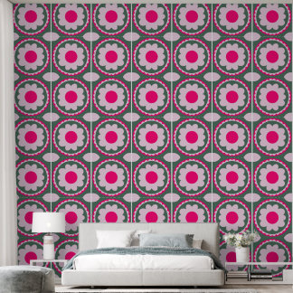Papier Peint Vert Cercle Floral Rose