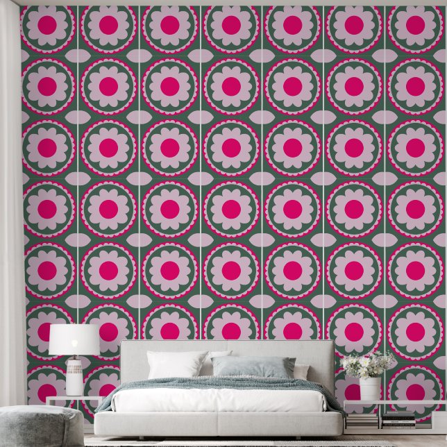 Papier Peint Vert Cercle Floral Rose (Chambre à coucher)