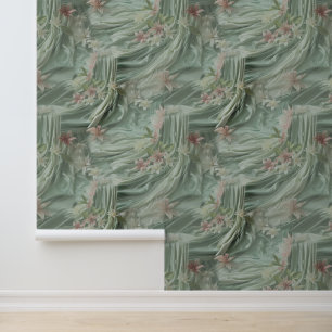 Papier Peint Vert, Crème, Draps De Soie Et Fleurs De Pinkish