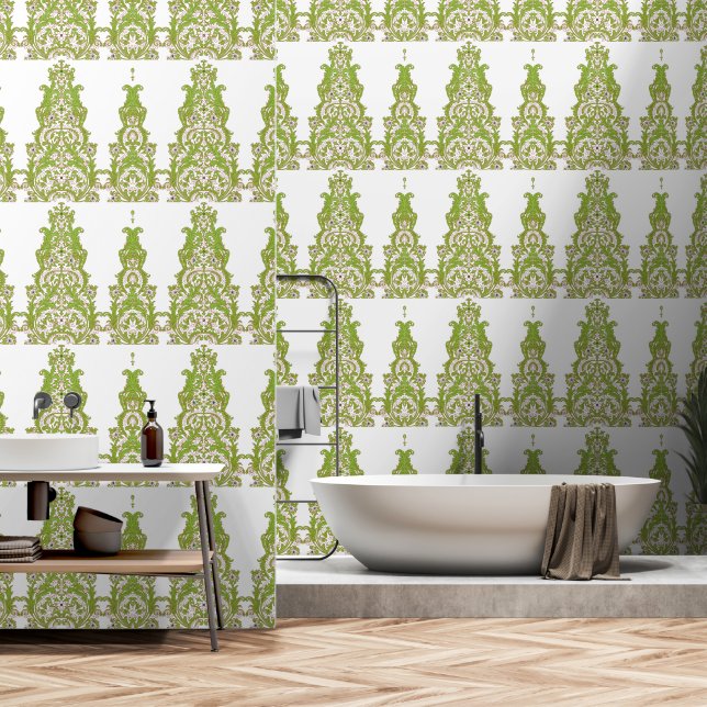 papier peint vert et blanc aux motifs ornés (Salle de bain)
