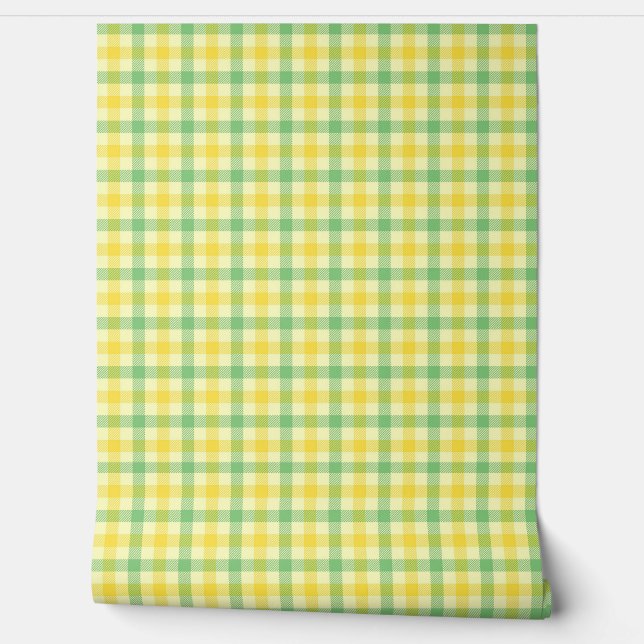 Papier Peint Vert et citron Jaune Grille Plaid Style Rétro (Déroulement)
