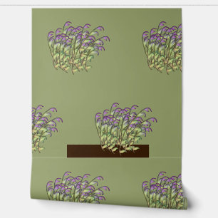 Papier Peint Vert + Feuillage Violet Répétition Nature Olive