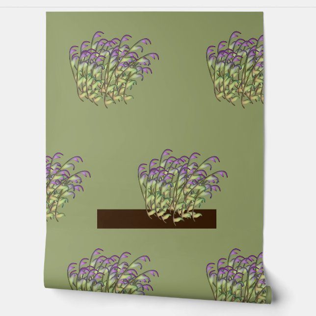 Papier Peint Vert + Feuillage Violet Répétition Nature Olive (Déroulement)