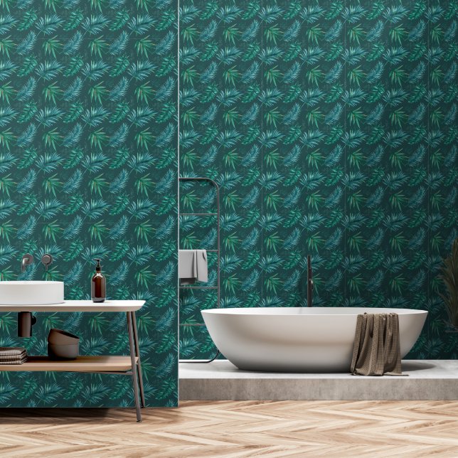 Papier Peint Vert Feuille tropical (Salle de bain)