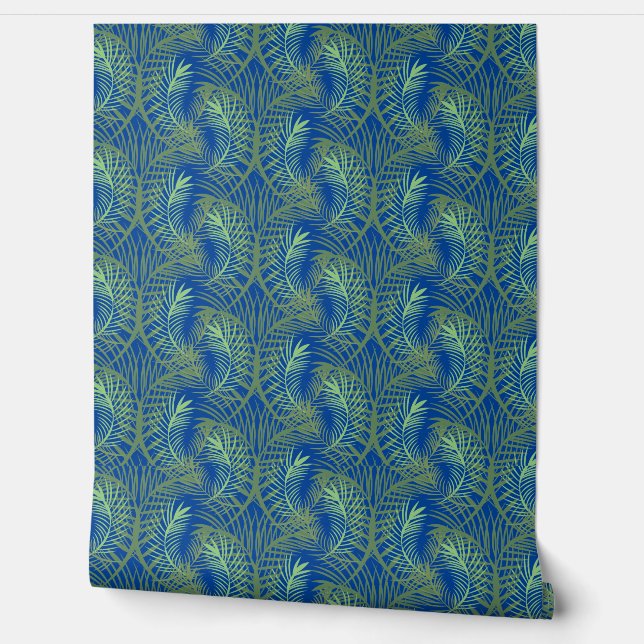 Papier Peint Vert feuille tropical bleu en répétition (Déroulement)