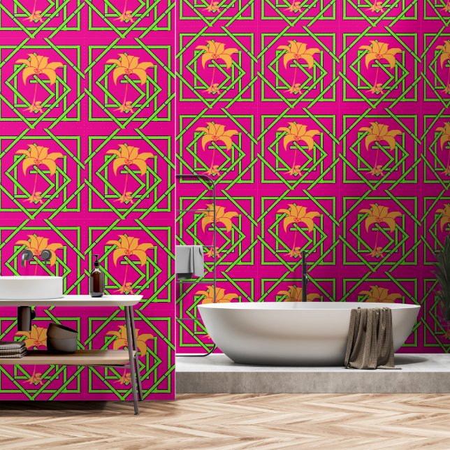 Papier Peint Vert Geo Floral Rose (Salle de bain)