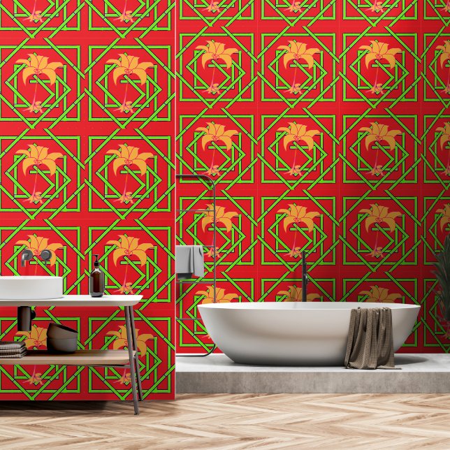 Papier Peint Vert Geo Floral Rouge (Salle de bain)