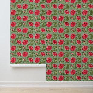 Papier Peint Vert Rouge Floral Art Nouveau