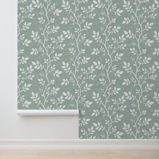 Papier Peint Vert sauge doux Branche botanique minimale