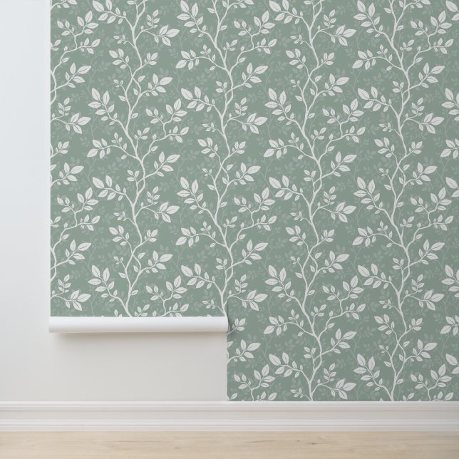 Papier Peint Vert sauge doux Branche botanique minimale (Application)