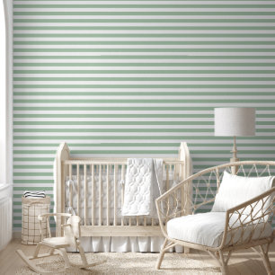 Papier Peint Vert sauge et rayures horizontales classiques blan