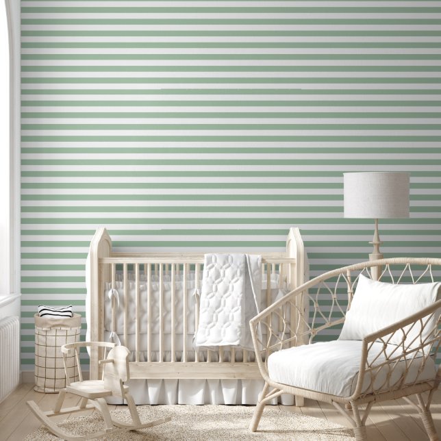 Papier Peint Vert sauge et rayures horizontales classiques blan (Enfants)