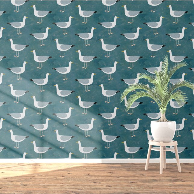 Papier Peint Vert Turquoise du littoral de la Mouette (Seagull nautical coastal themed wallpaper)