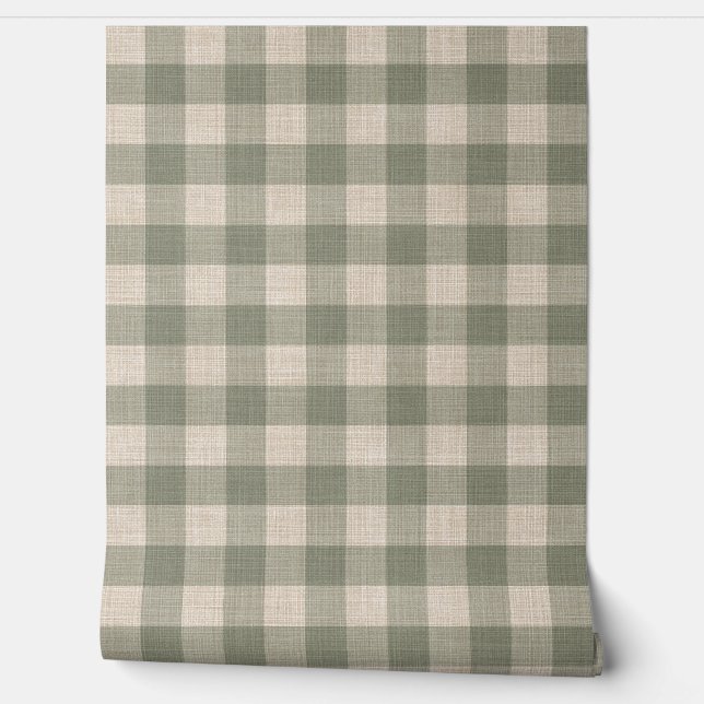 Papier Peint Vichy lin brut beige et vert (Déroulement)