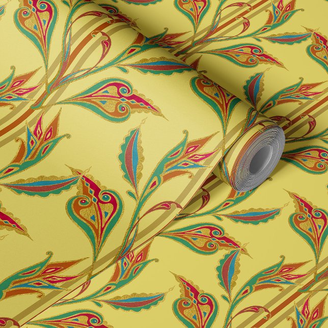 Papier Peint Vigne d'Imaginaire d'or, rouge et vert feuille (Créateur téléchargé)