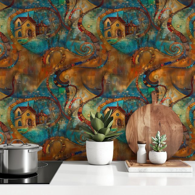Papier Peint Village Whimsical : Peel et bâton Artistique Abstr (Créateur téléchargé)