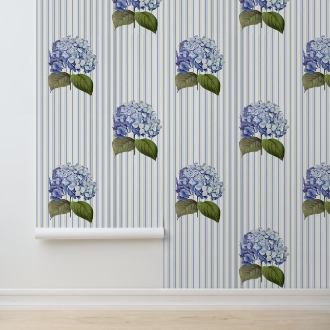 Papier Peint Vintage Bleu Hydrangée Fleur Bleu (Application)