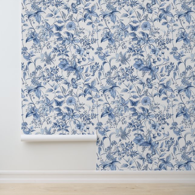 Papier Peint Vintage Blue Floral Toile Elegant (Application)
