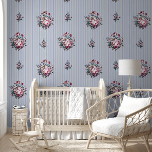 Papier Peint Vintage Botanique Bleu Gris Fleur Ticker Stripes