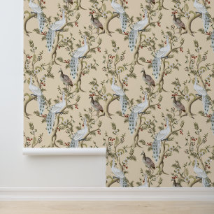 Papier Peint Vintage Chinoiserie White Peacock Peony Almond