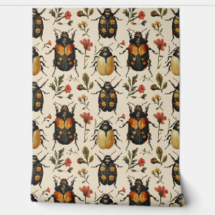 Papier Peint Vintage Crème Art Déco Beetle Floral Shabby Chic
