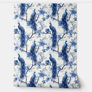 Papier Peint Vintage Delft Blue Chinoiserie française Peacock
