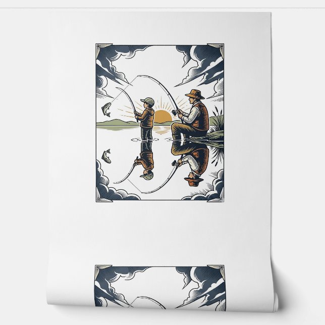 Papier Peint Vintage Father and Child Fishing Engraving Shirt D (Déroulement)