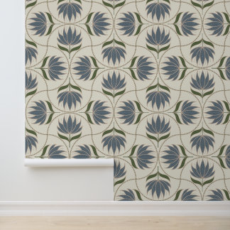 Papier Peint Vintage Floral Block Print Scallop Blue & Green