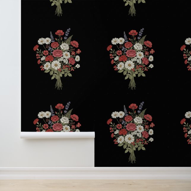 Papier Peint Vintage Floral Bouquet Black Textured  (Application)