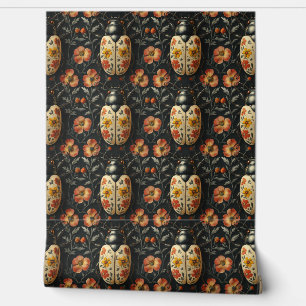 Papier Peint Vintage noir et jaune Motif de coléoptère floral