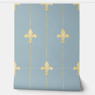 Papier Peint Vintage or Fleur-de-Lis Bleu Dusky
