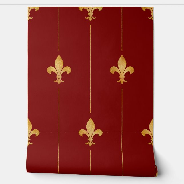 Papier Peint Vintage or fleur de Lis rouge foncé (Déroulement)