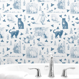 Papier Peint Vintage Retro Toile Motif Chat Catnip Blanc Bleu