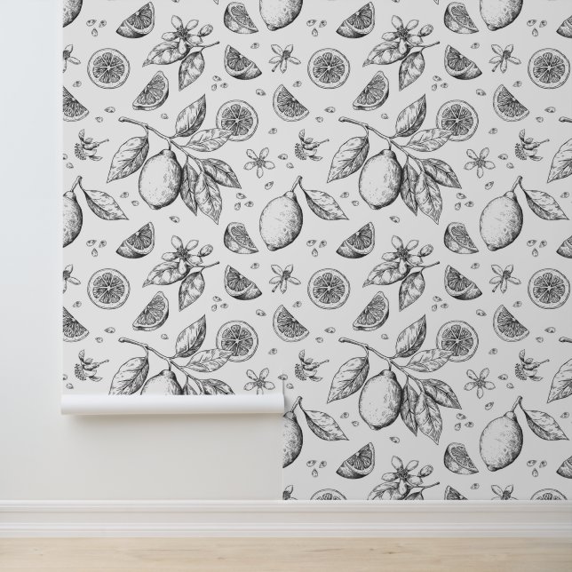 Papier Peint Vintage Tropical Fruit Lemon Floral (Application)