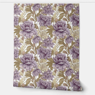 Papier Peint Vintage violet pivoines or feuille fleuri