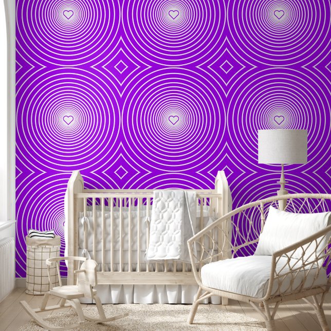 Papier peint violet rayé rond blanc avec des coeur (Enfants)