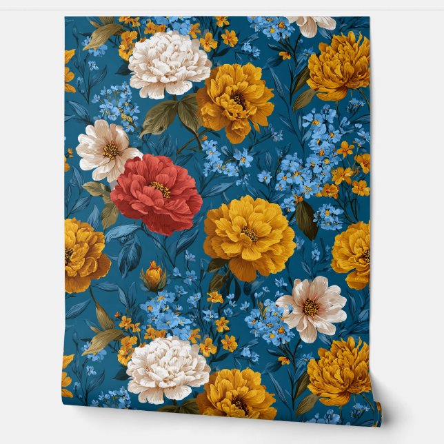 Papier Peint Vivid Maximalist Jaune et Crème sur Floral Bleu (Déroulement)