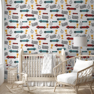 Papier Peint Voitures de course Vintages Blue & Red Fast Retro