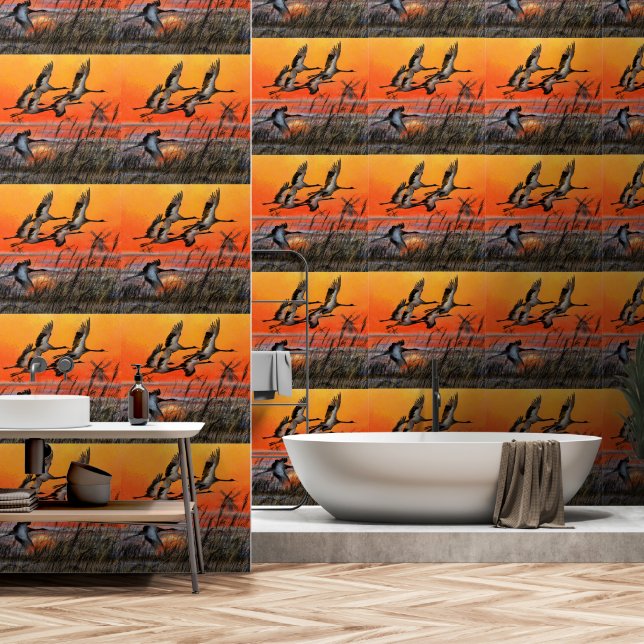 Papier Peint Voler les oiseaux du coucher du soleil (Salle de bain)