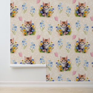 Papier Peint Watercolor Baby Kitten Chat Crème papillon floral