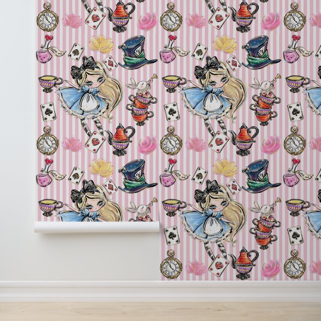 Papier Peint Whimsical Alice Tea Party Pink Stripes Wallpaper (Application)
