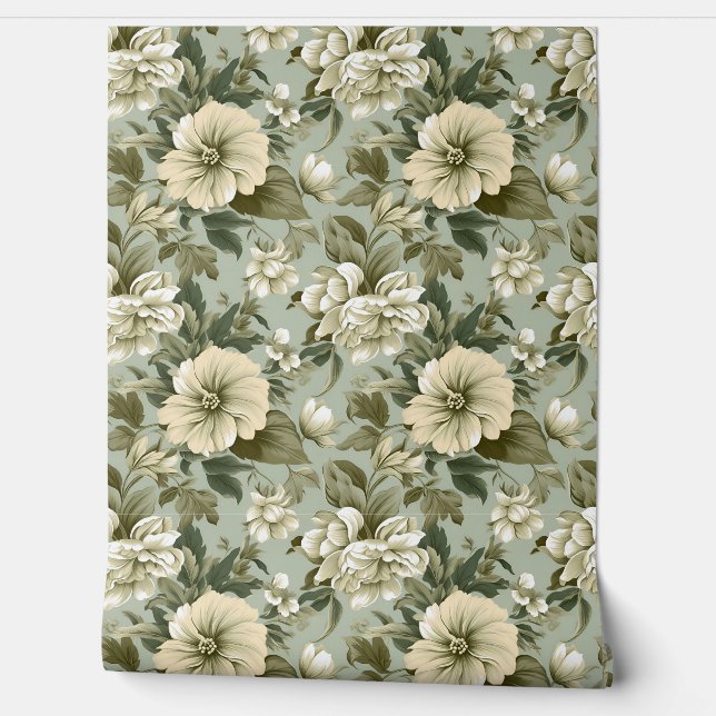 Papier Peint Whimsical Shabby chic sauge vert fleurs blanches (Déroulement)