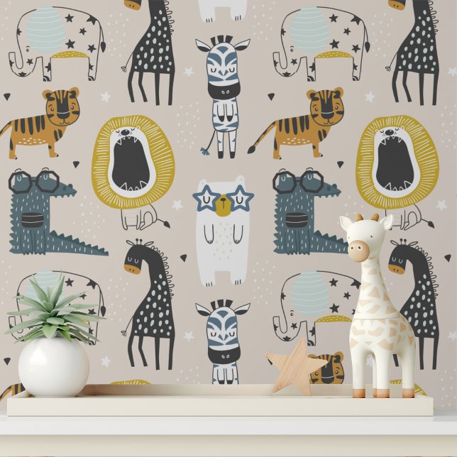 Papier Peint Whimsical Wild Animaux mignons Modernes Enfants Mo (Créateur téléchargé)